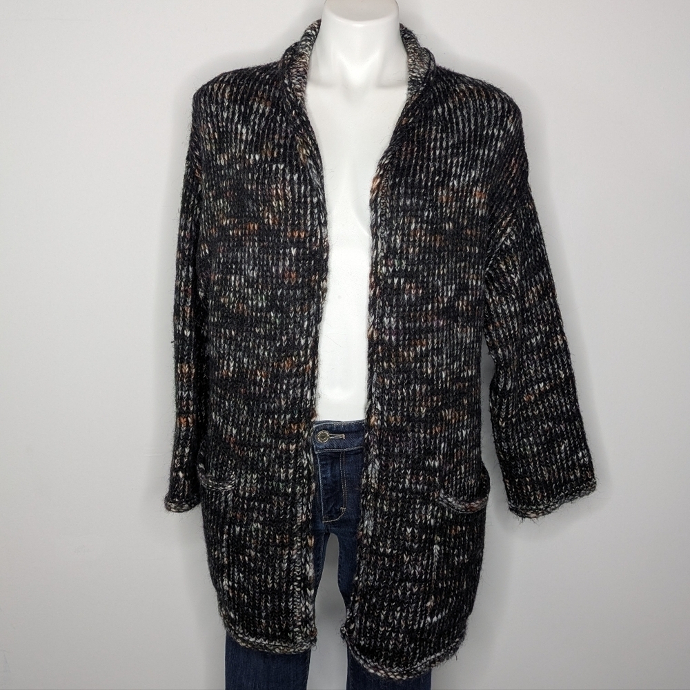 Express Black Brown Thick Chunky Knit Wool Blend Open Cardigan Sweater OSFM